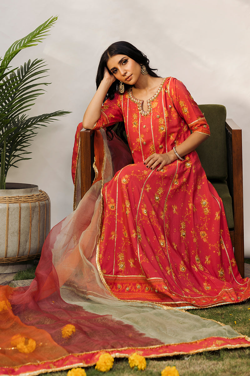 Pakistani Cherry Red Embroidered Khaddi Silk Pishwas (2-Piece) - Image 7