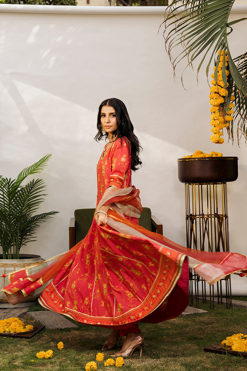 Pakistani Cherry Red Embroidered Khaddi Silk Pishwas (2-Piece) - Image 8