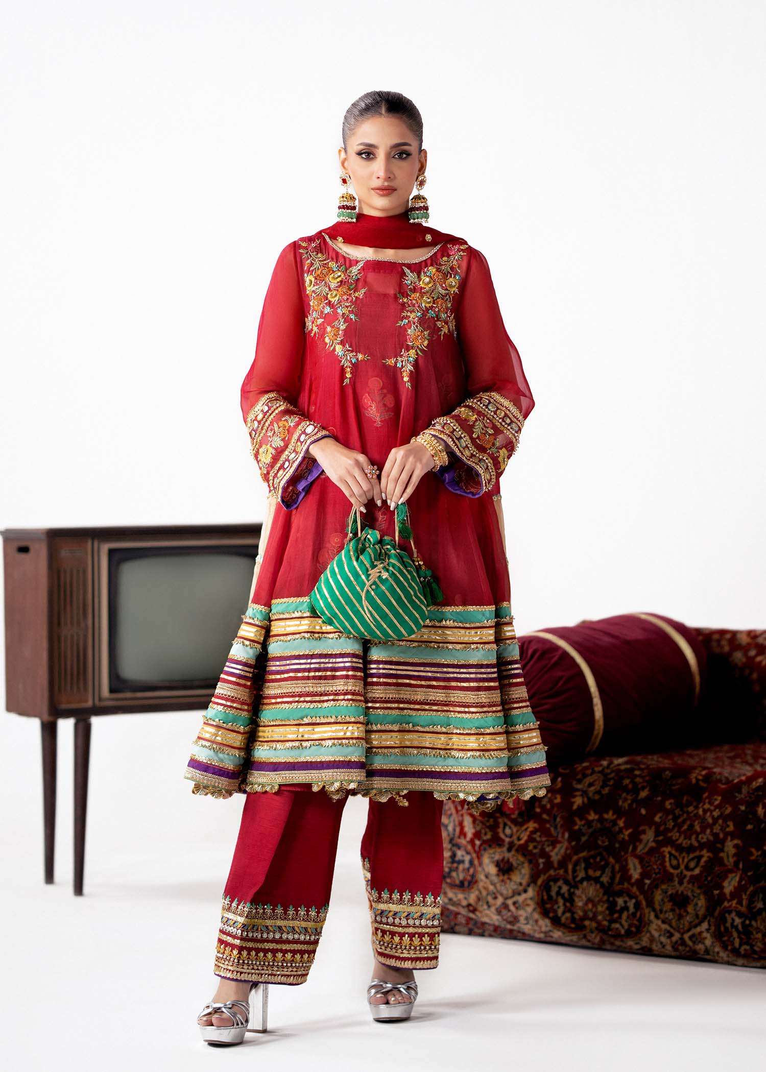 Pakistani Red Embroidered Organza Short Pishwas (3-Piece) - Image 1