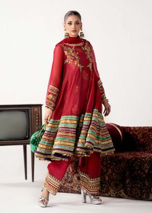 Pakistani Red Embroidered Organza Short Pishwas (3-Piece) - Image 3