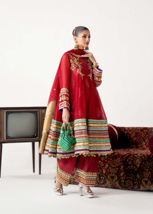 Pakistani Red Embroidered Organza Short Pishwas (3-Piece) - Image 4