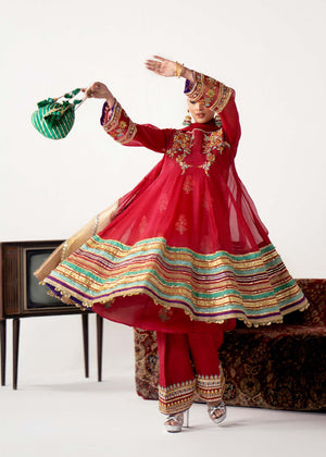 Pakistani Red Embroidered Organza Short Pishwas (3-Piece) - Image 5