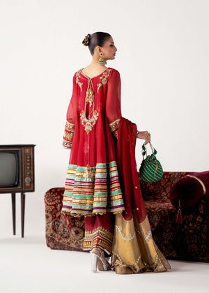 Pakistani Red Embroidered Organza Short Pishwas (3-Piece) - Image 6