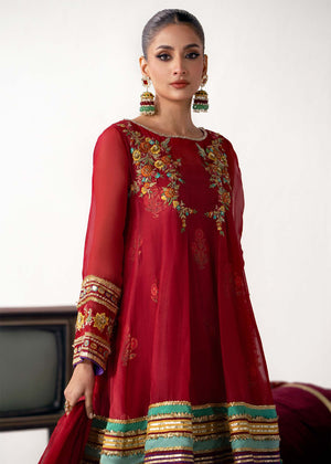 Pakistani Red Embroidered Organza Short Pishwas (3-Piece) - Image 8