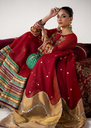 Pakistani Red Embroidered Organza Short Pishwas (3-Piece) - Image 9