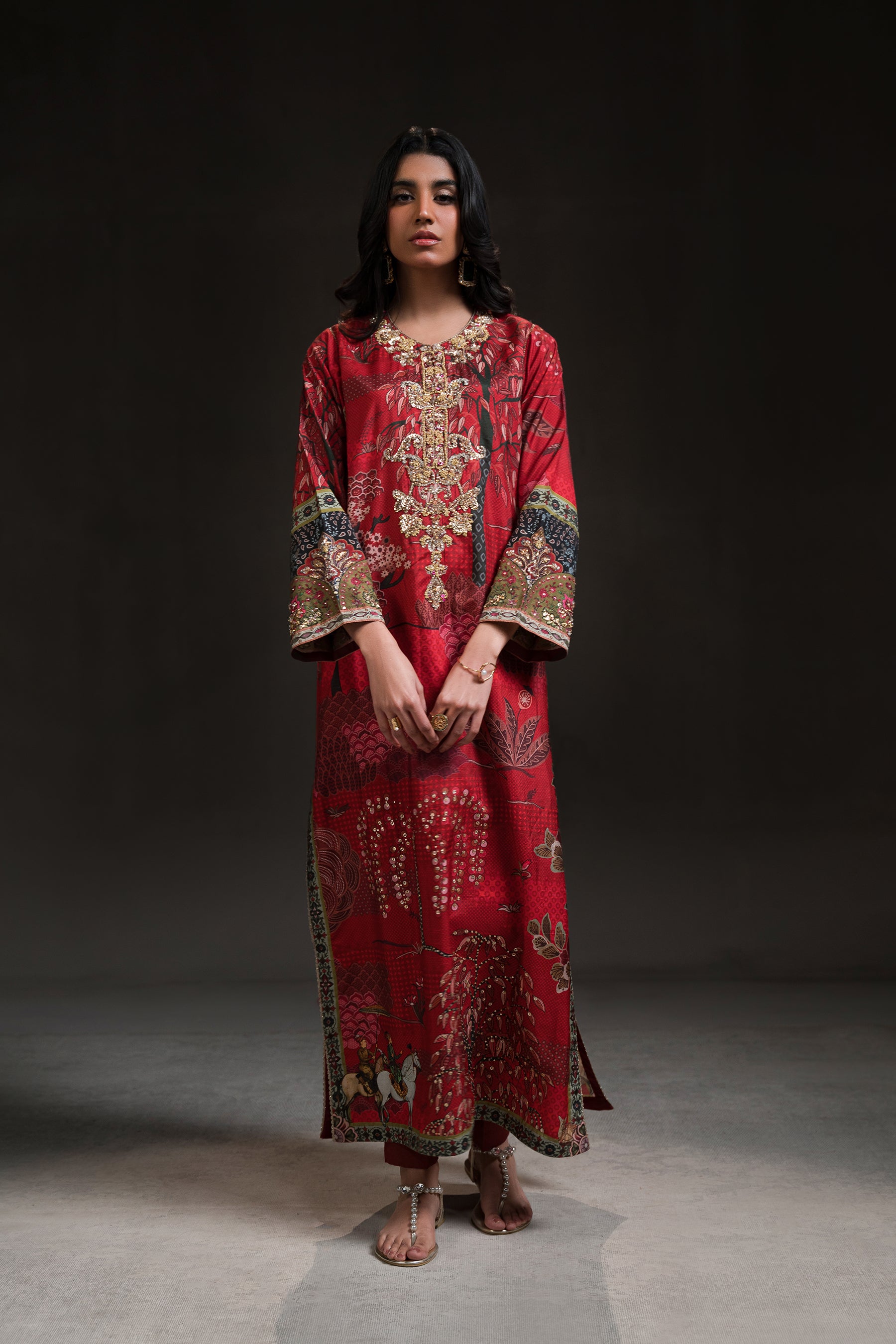 Pakistani Red Sequined Tilla Blended Raw Silk Kurta Set (2-Piece) - Image 1