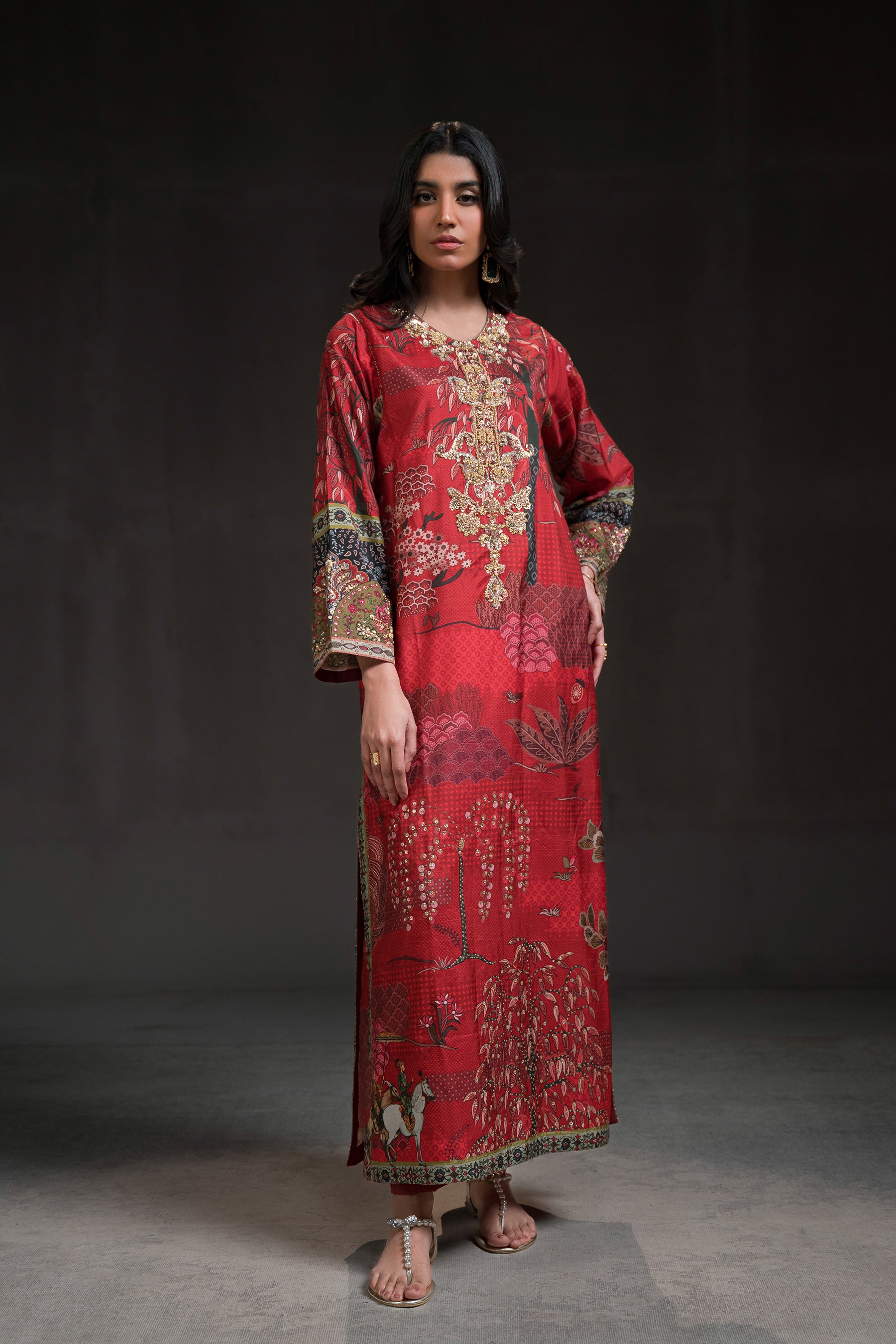 Pakistani Red Sequined Tilla Blended Raw Silk Kurta Set (2-Piece) - Image 2