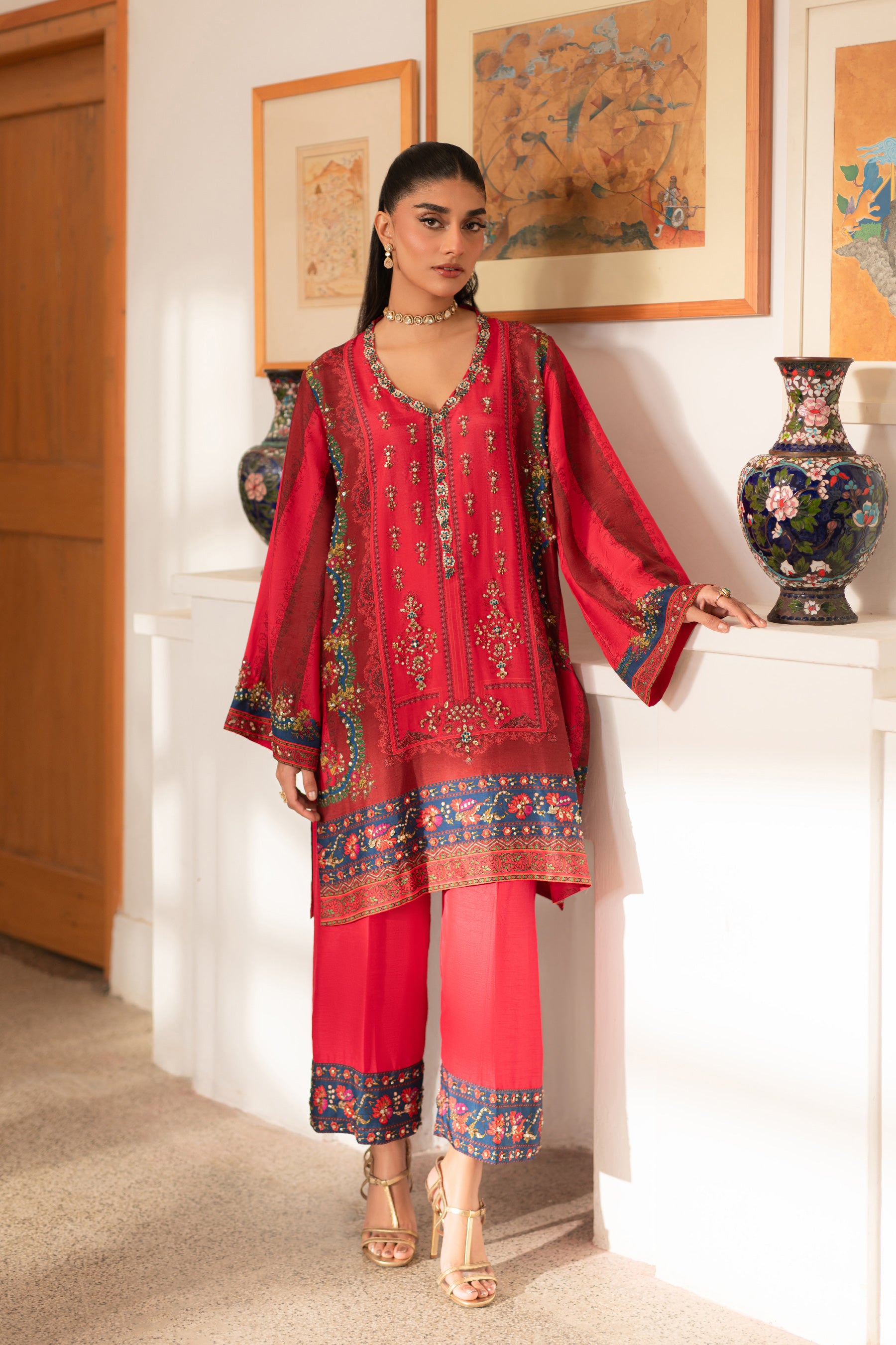 Pakistani Hot Pink & Red Beaded Blended Silk Co-ord Set (2-Piece) - Image 1
