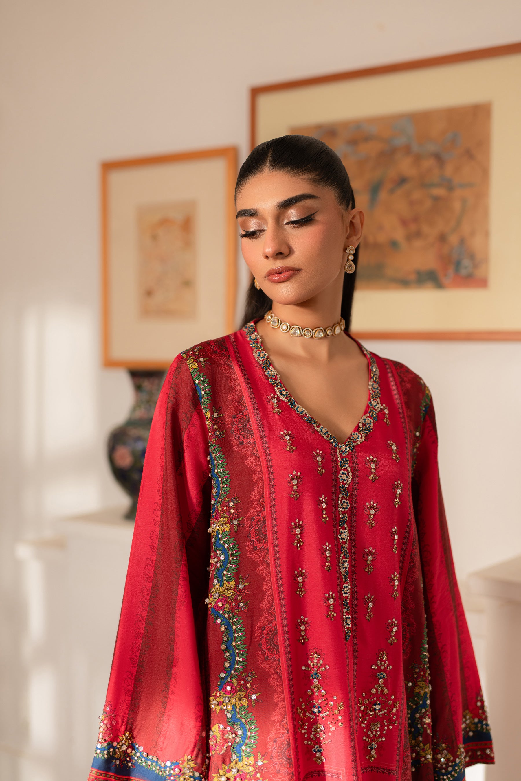 Pakistani Hot Pink & Red Beaded Blended Silk Co-ord Set (2-Piece) - Image 3