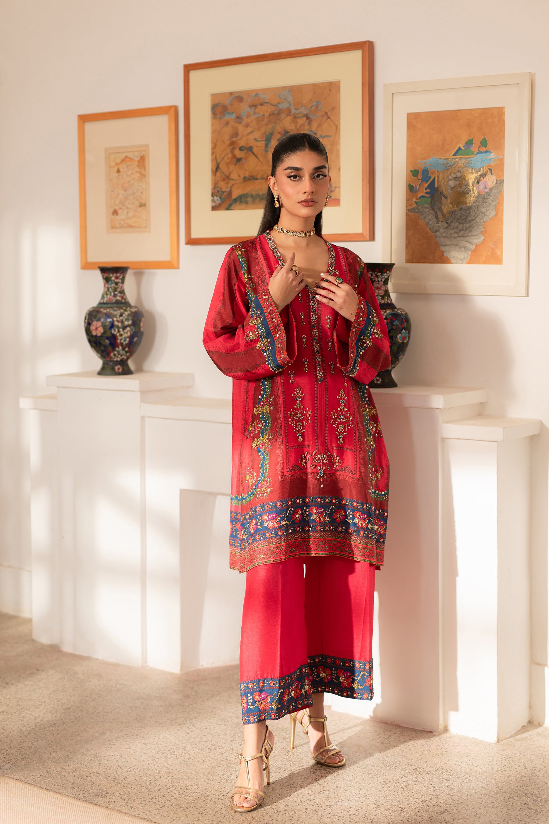Pakistani Hot Pink & Red Beaded Blended Silk Co-ord Set (2-Piece) - Image 6