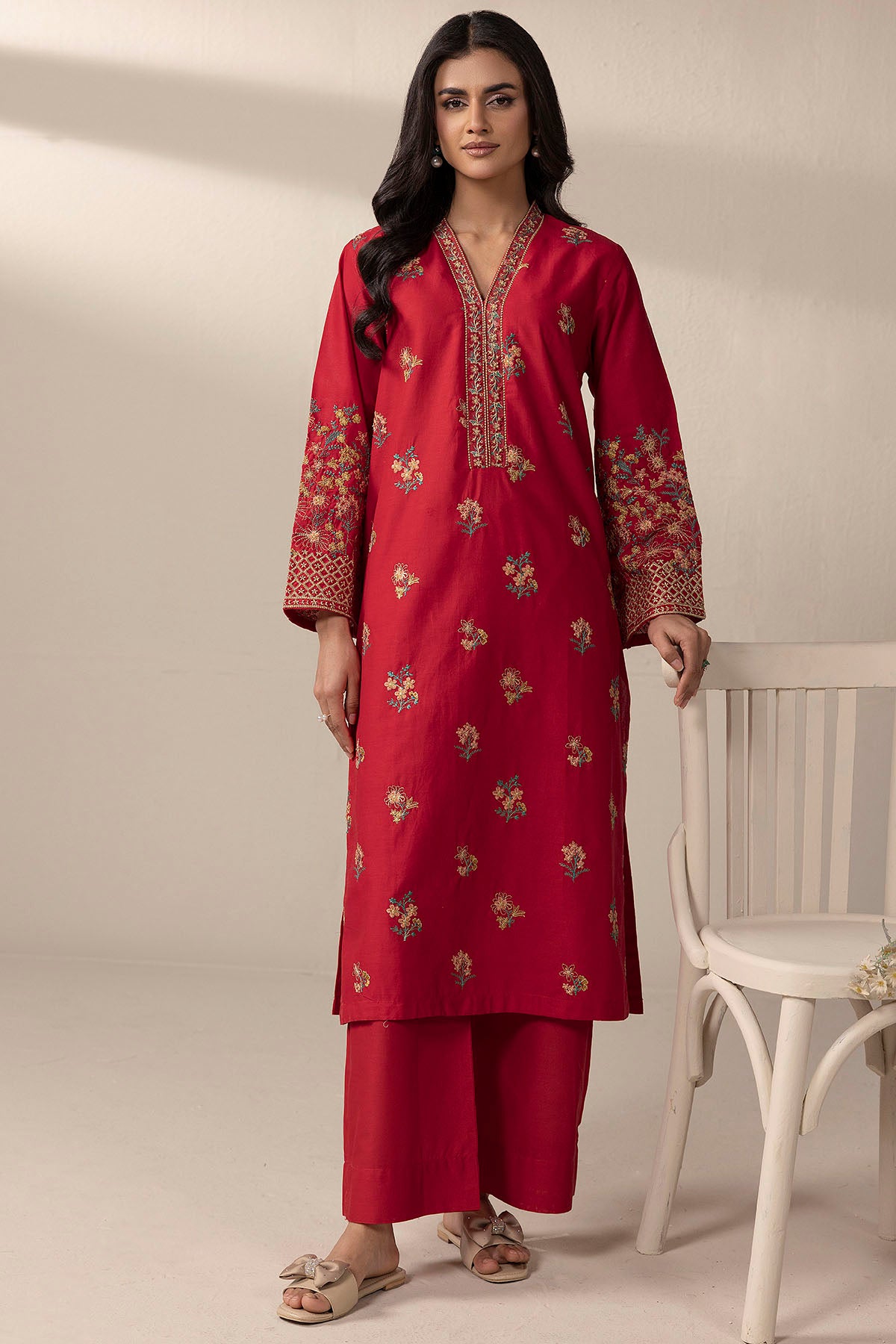 Pakistani Red Embroidered Cambric Lawn Salwar Kameez (2-Piece) - Image 1