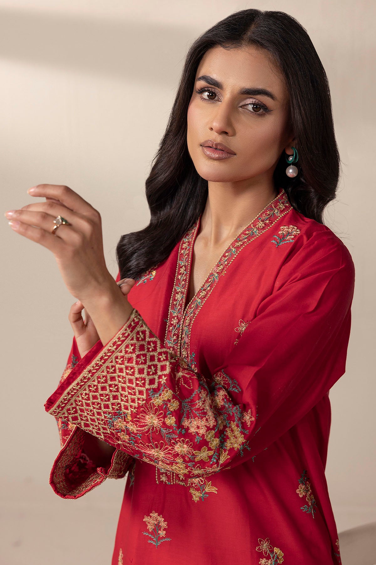 Pakistani Red Embroidered Cambric Lawn Salwar Kameez (2-Piece) - Image 2