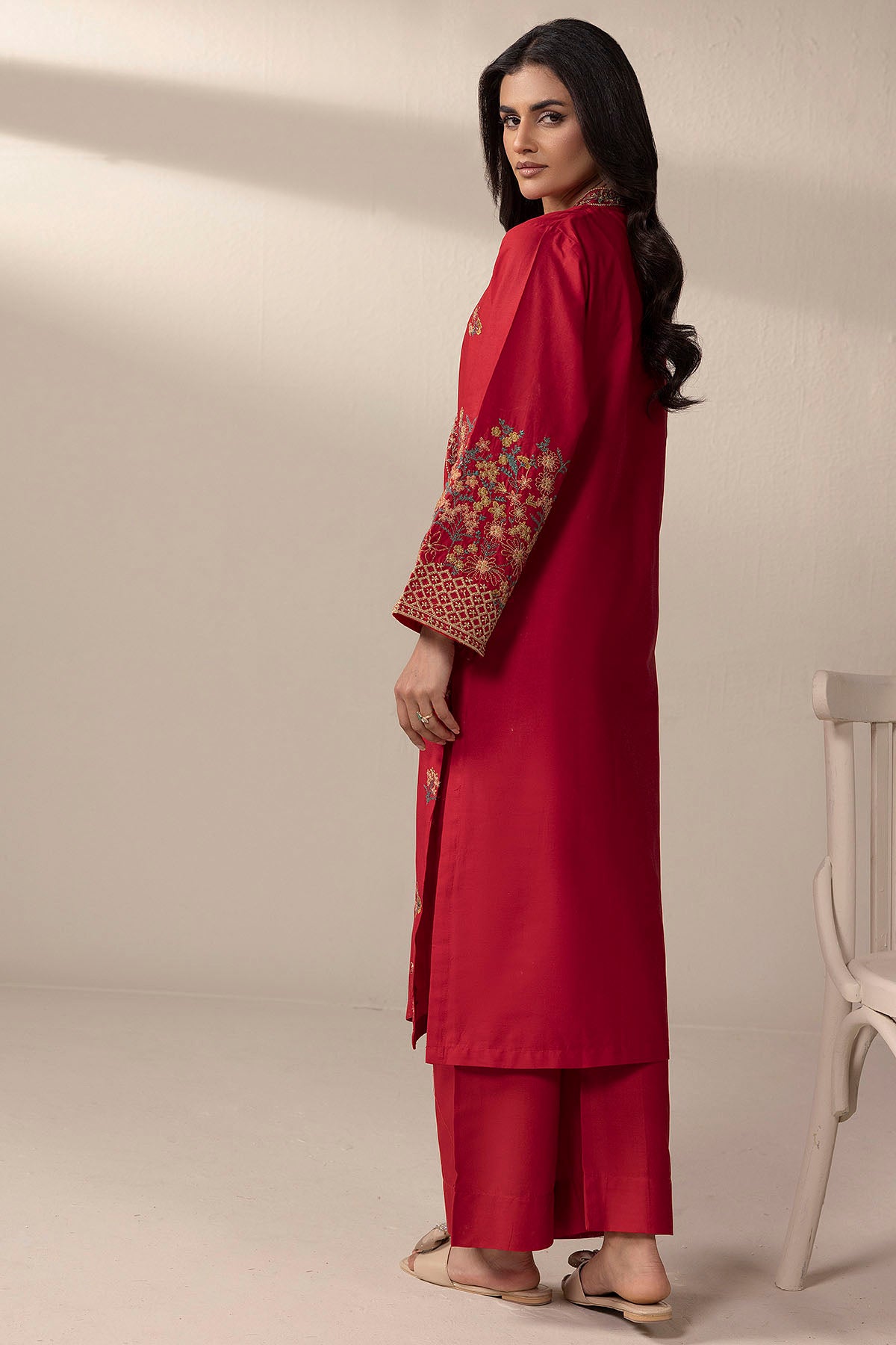 Pakistani Red Embroidered Cambric Lawn Salwar Kameez (2-Piece) - Image 3