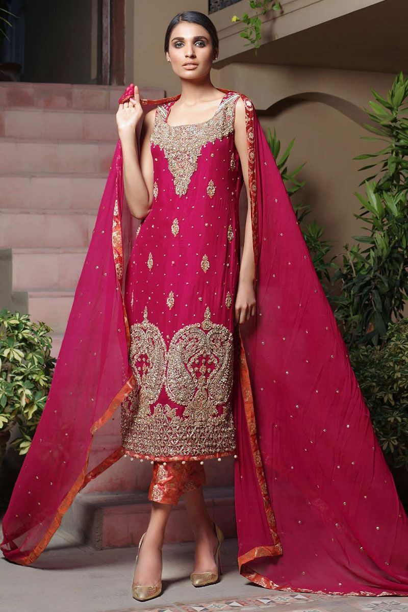 Red Embroidered Chiffon Salwar Kameez (3-Piece) - Image 1