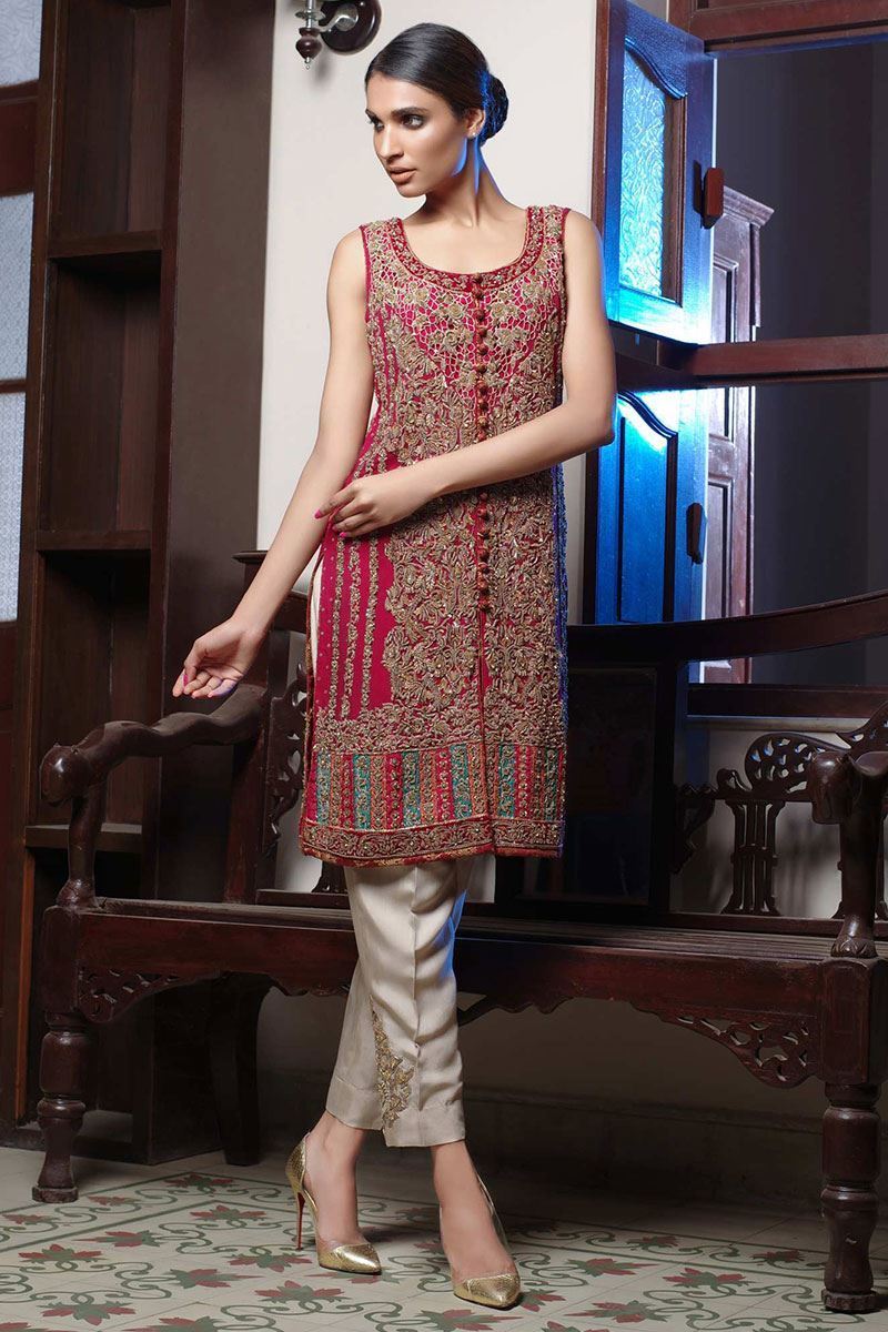 Red Chata Pati Kora Dabka Chiffon Salwar Kameez (2-Piece) - Image 1