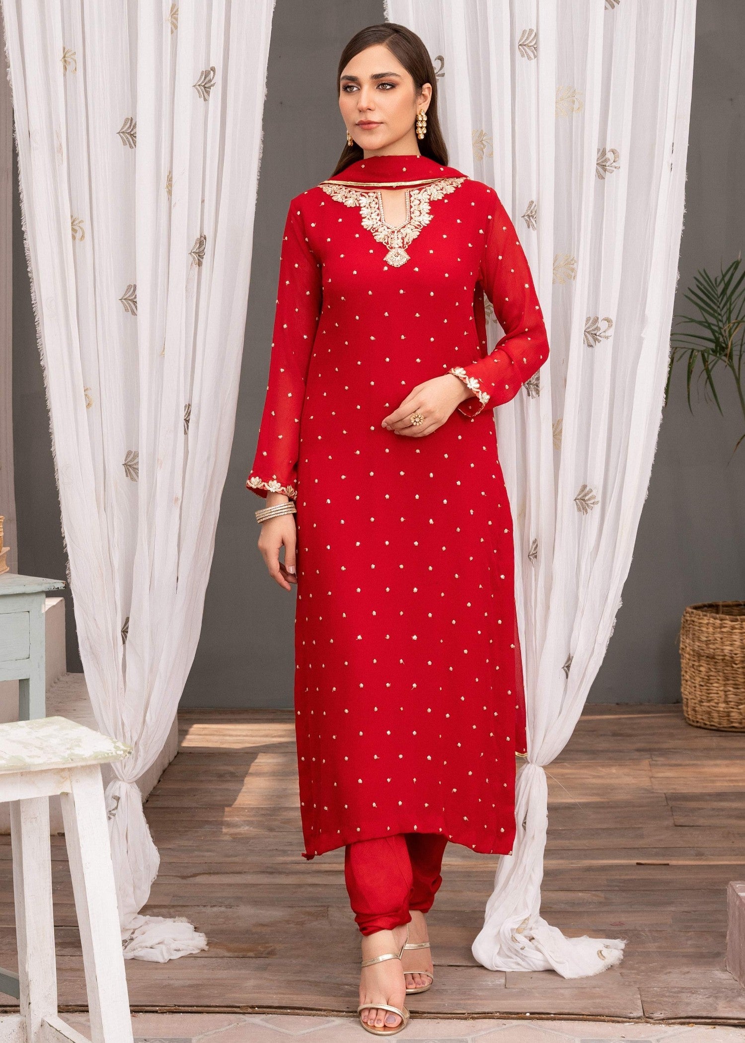 Red Sequin Embroidered Chiffon Kurta Set (3-Piece) - Image 1