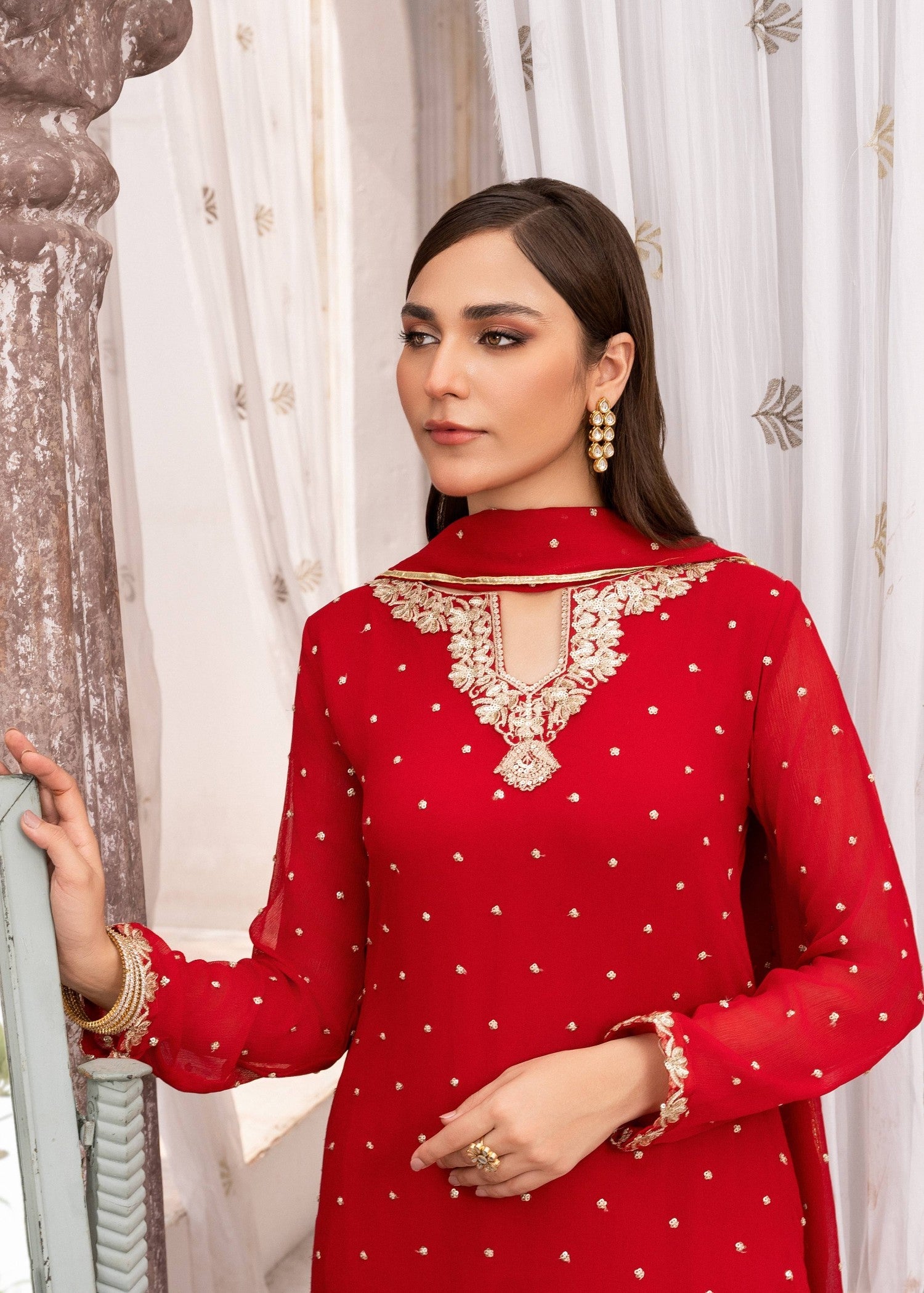 Red Sequin Embroidered Chiffon Kurta Set (3-Piece) - Image 5