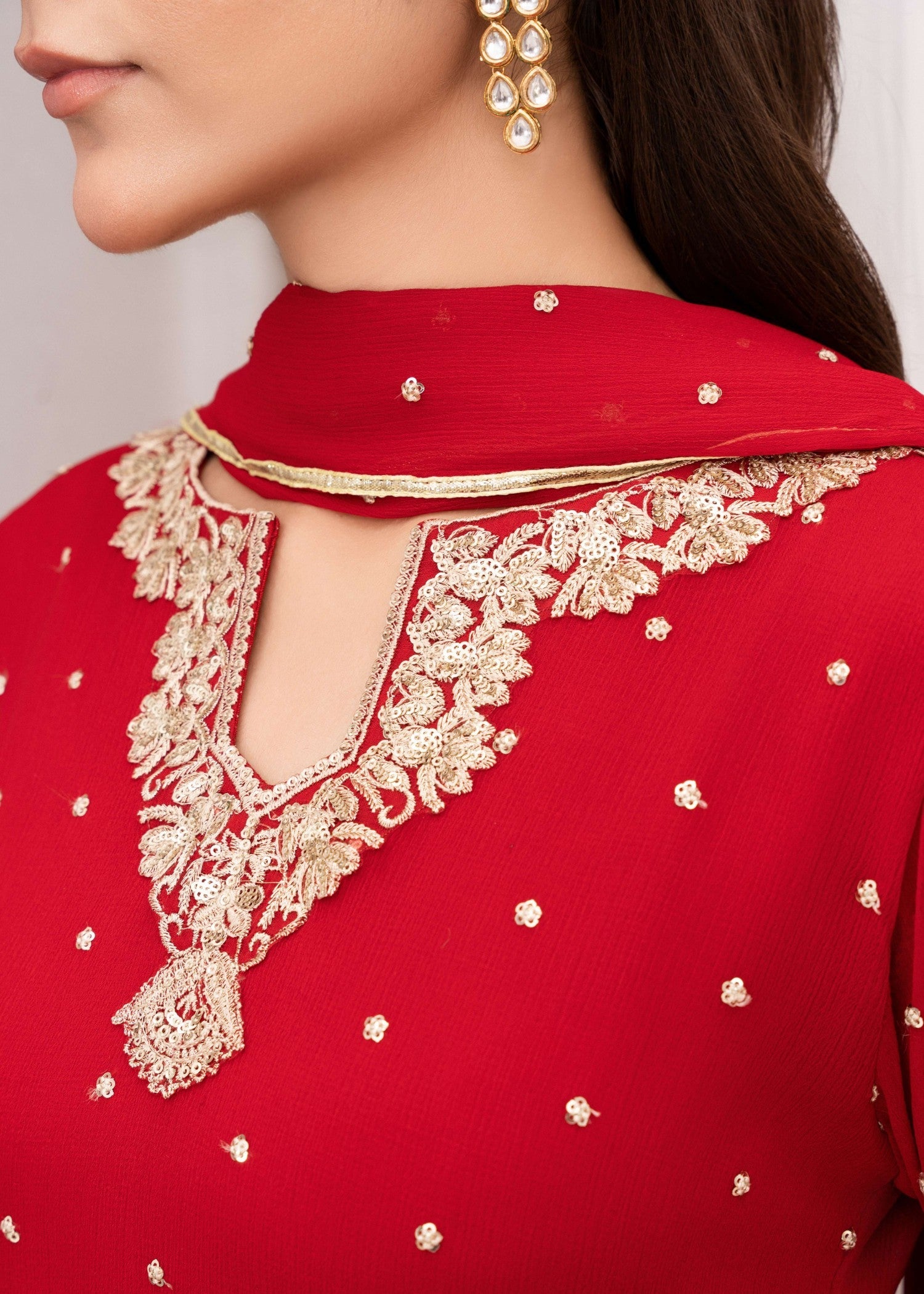 Red Sequin Embroidered Chiffon Kurta Set (3-Piece) - Image 6