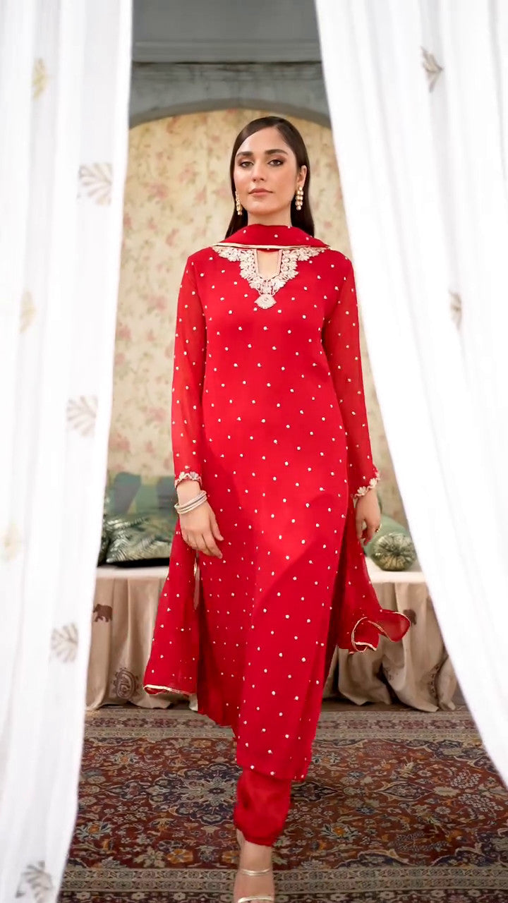 Red Sequin Embroidered Chiffon Kurta Set (3-Piece) - Image 8