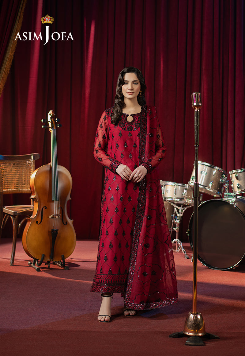 Pakistani Red Embroidered Chiffon & Silk Salwar Kameez (3-Piece) - Image 1