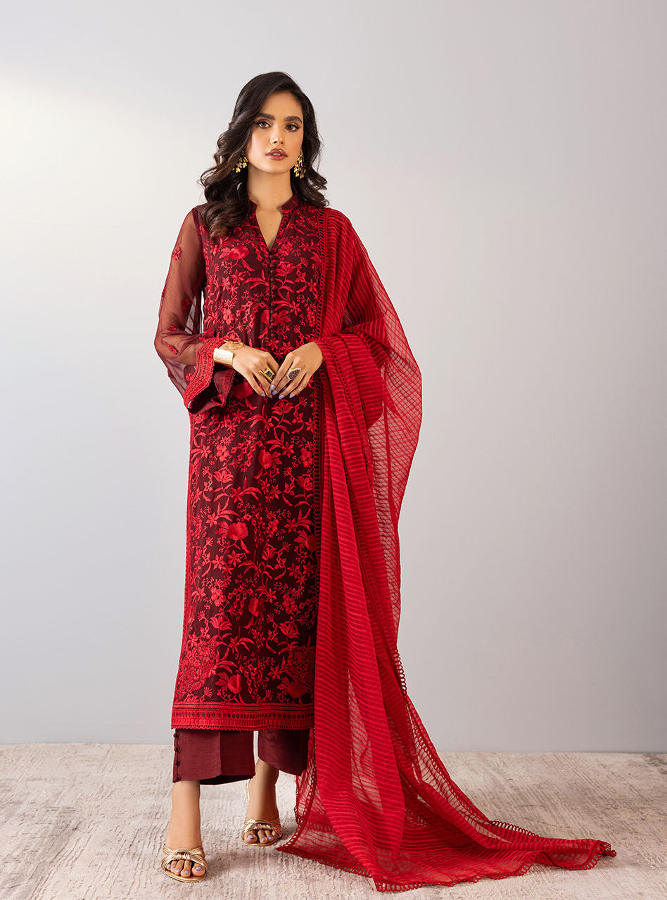 Deep Red Thread-Embroidered Chiffon Organza Long Shirt (3-Piece) - Image 1