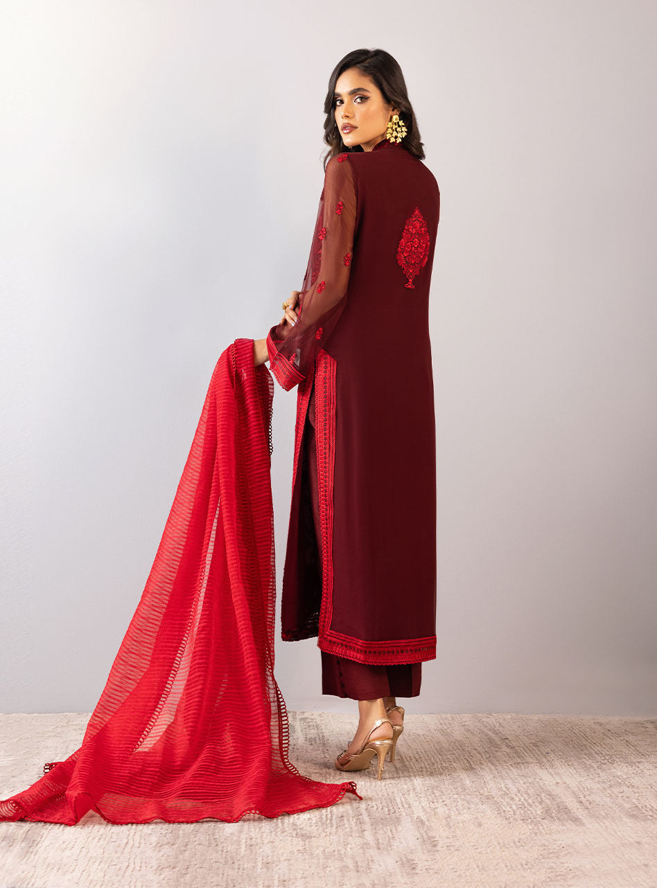 Deep Red Thread-Embroidered Chiffon Organza Long Shirt (3-Piece) - Image 3