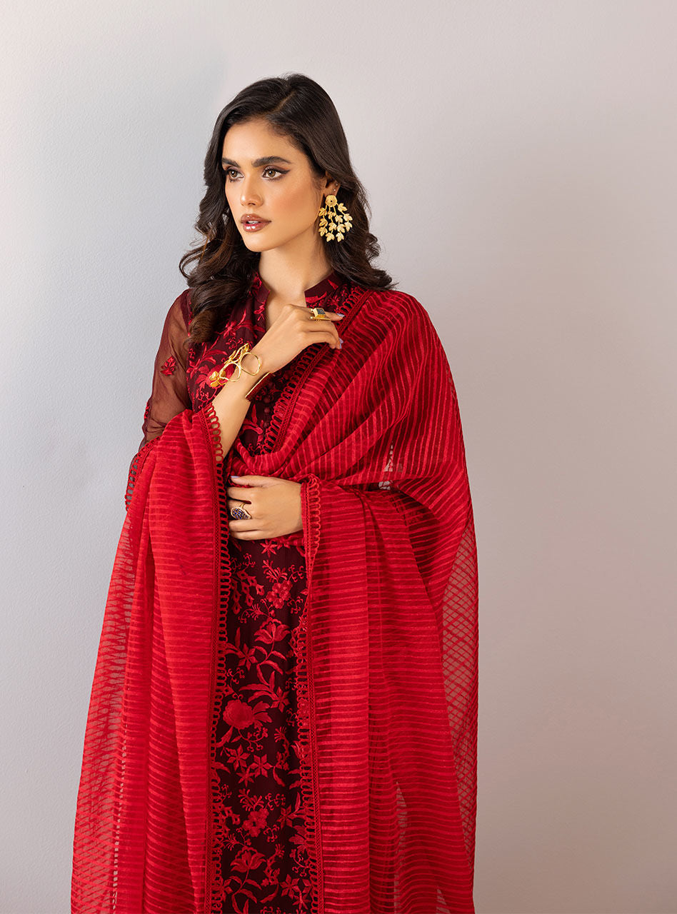 Deep Red Thread-Embroidered Chiffon Organza Long Shirt (3-Piece) - Image 5