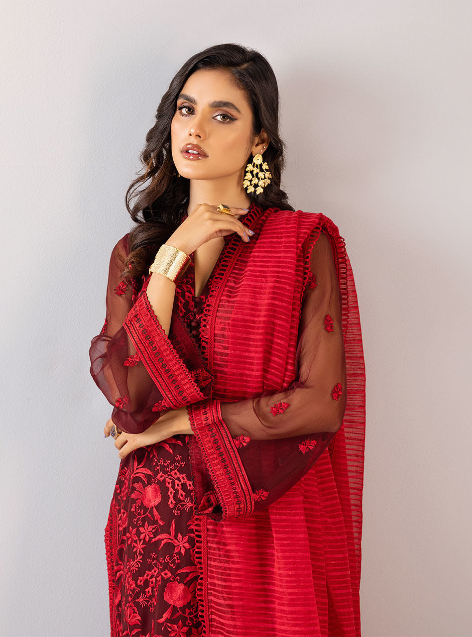 Deep Red Thread-Embroidered Chiffon Organza Long Shirt (3-Piece) - Image 6