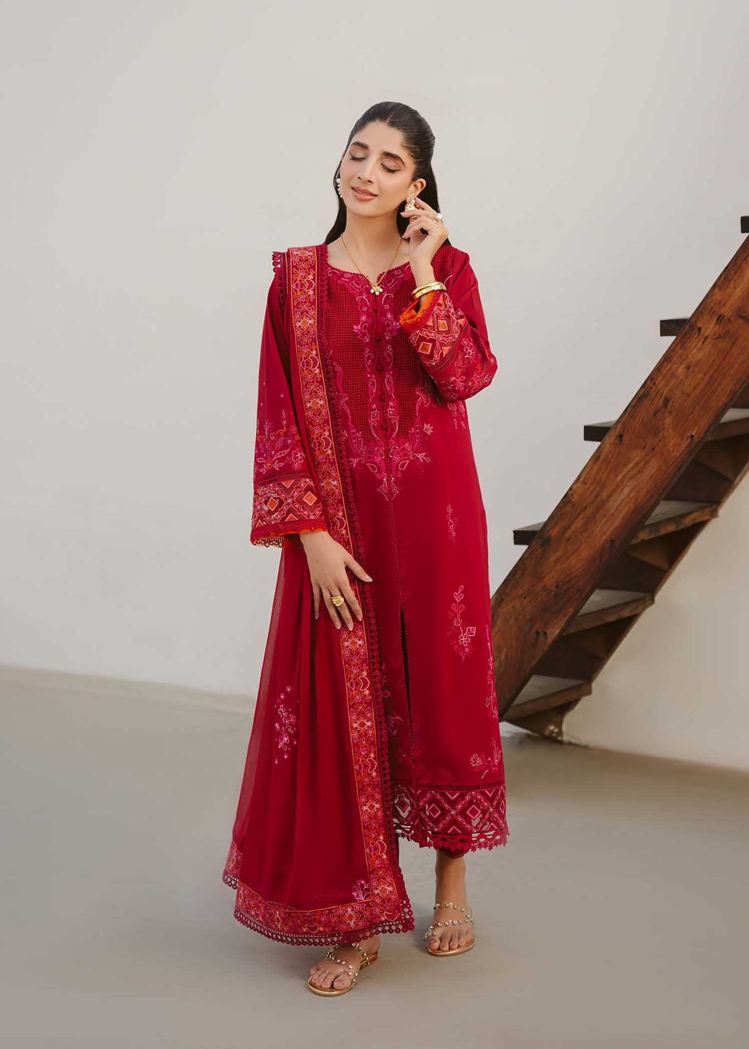 Cherry Red Schiffli Cotton Lawn 3-Piece Suit - Image 1