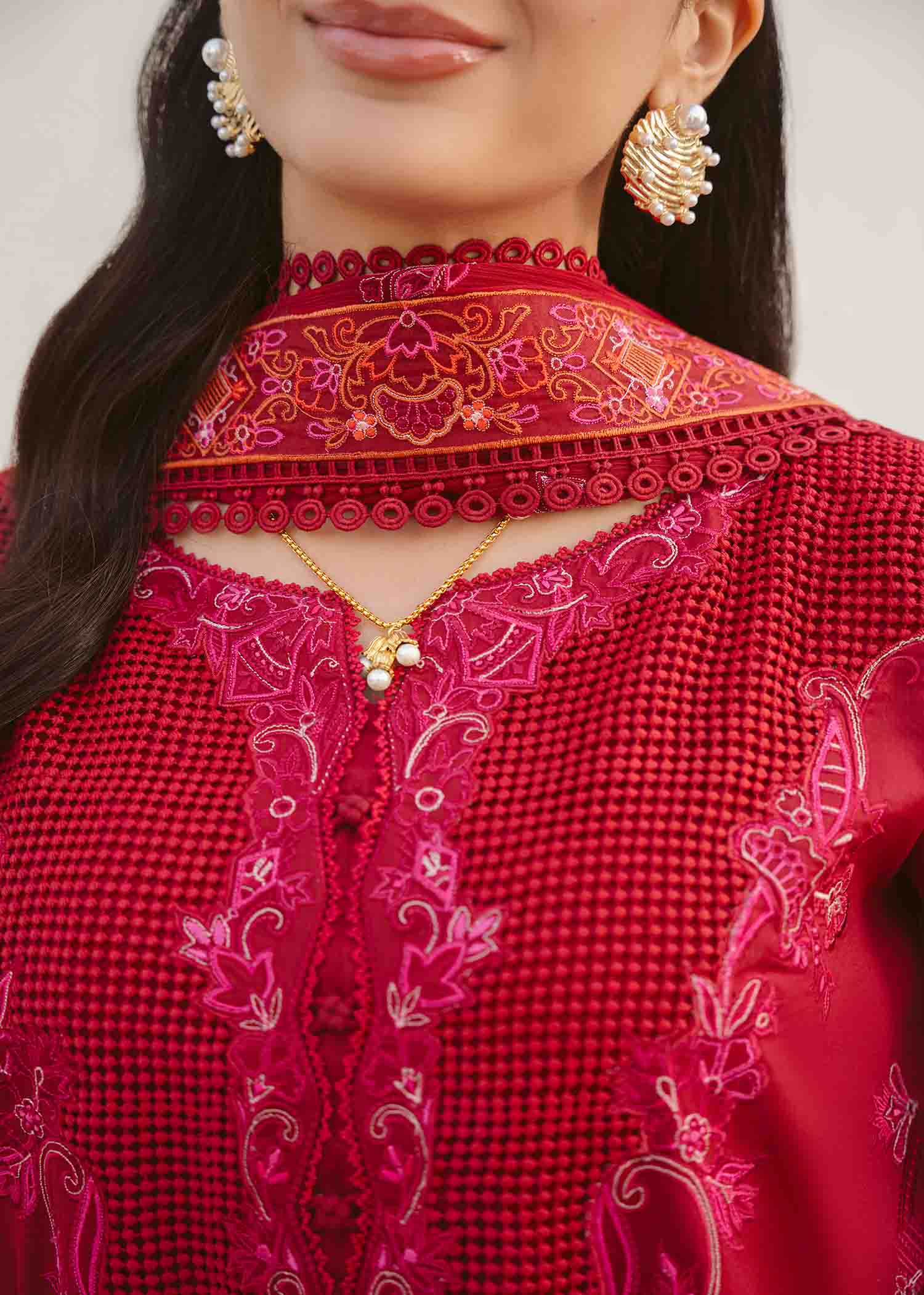 Cherry Red Schiffli Cotton Lawn 3-Piece Suit - Image 6