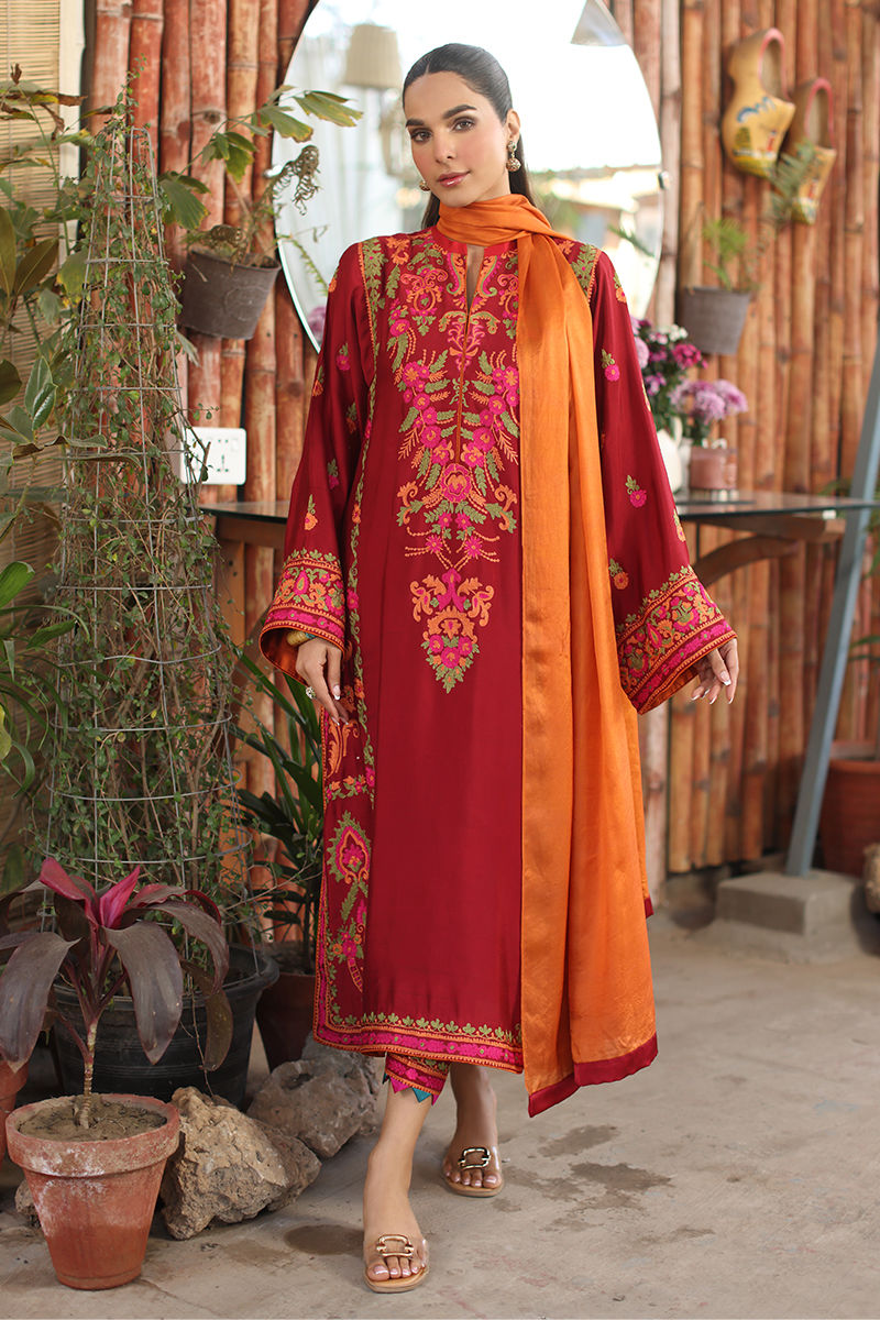 Red Aari Embroidered Cotton Net Salwar Kameez (3-Piece) - Image 1