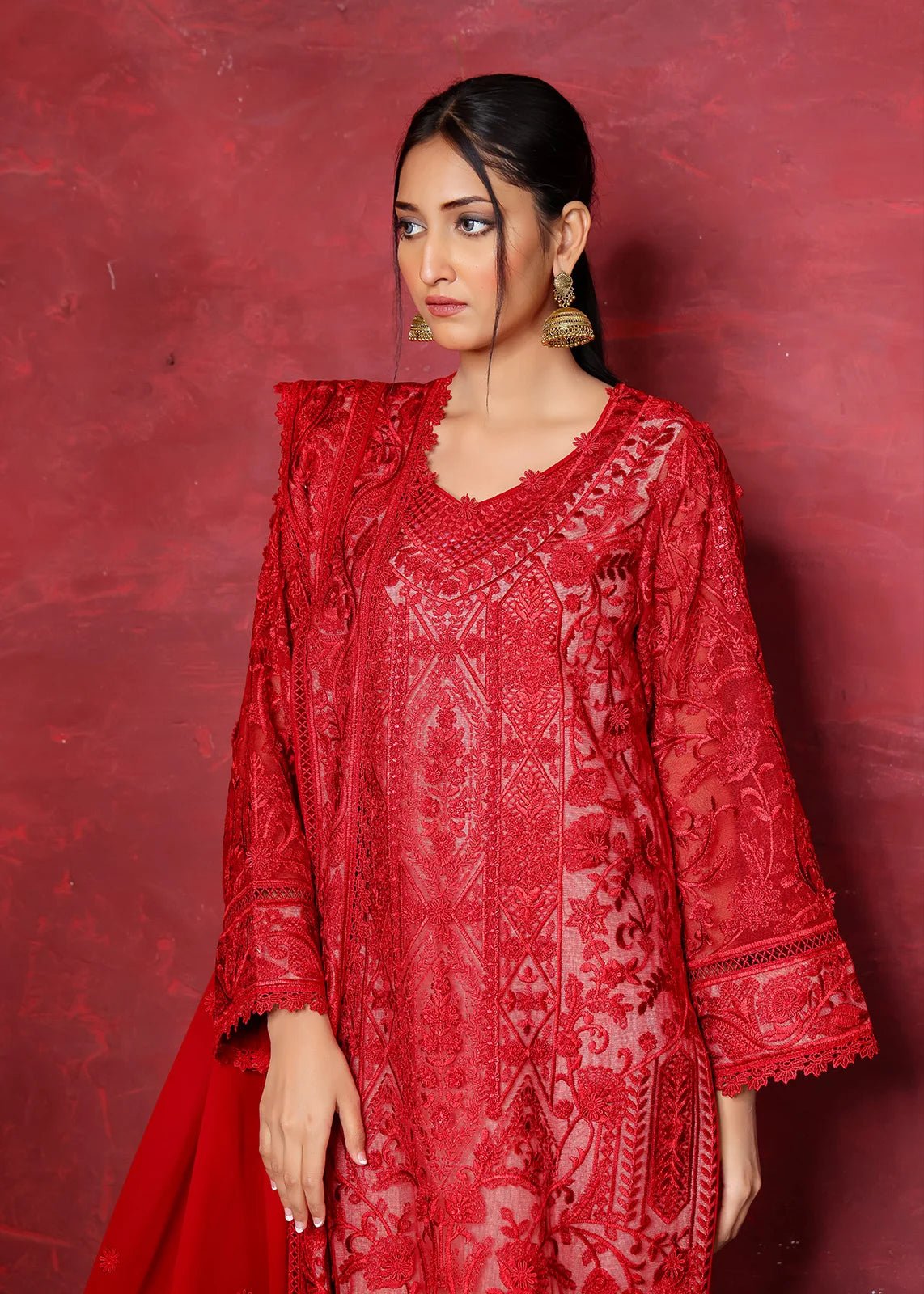 Sedona Red Chikan Embroidered Cotton Net Kurta (2-Piece) - Image 1