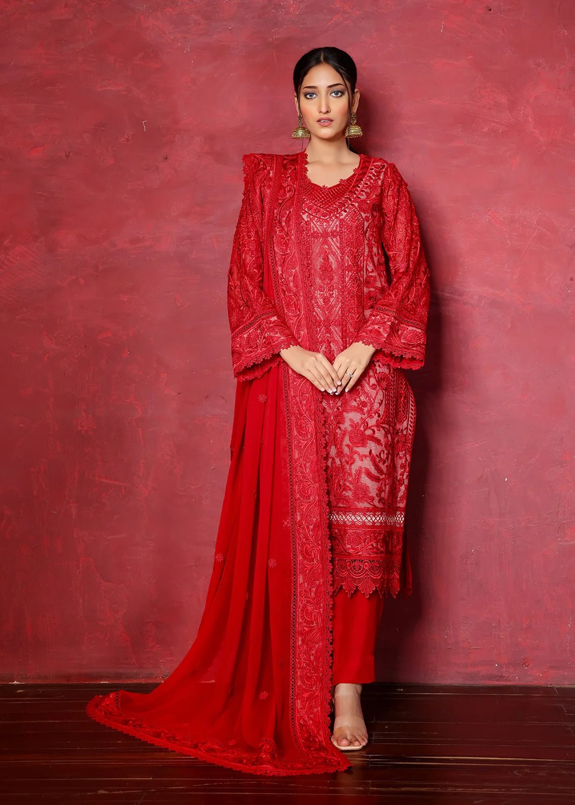 Sedona Red Chikan Embroidered Cotton Net Kurta (2-Piece) - Image 2