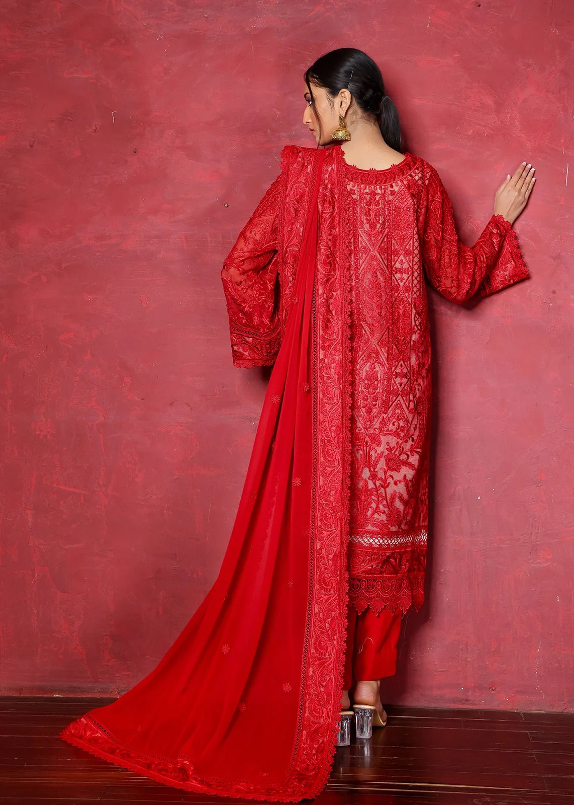 Sedona Red Chikan Embroidered Cotton Net Kurta (2-Piece) - Image 3