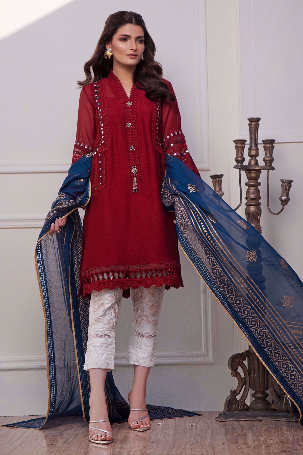 Garnet Embroidered Cotton Net Salwar Kameez (3-Piece) - Image 1