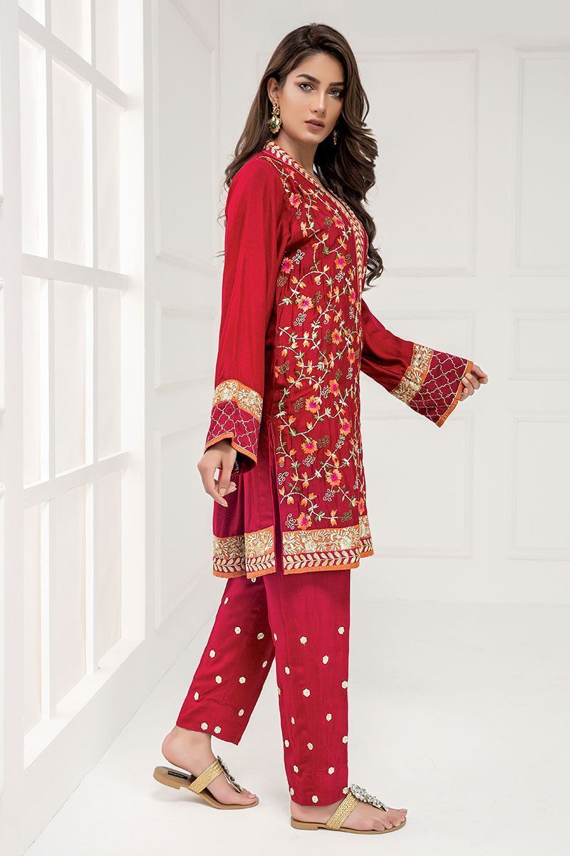 Pakistani Red Embroidered Cotton Net Salwar Kameez (3-Piece) - Image 2