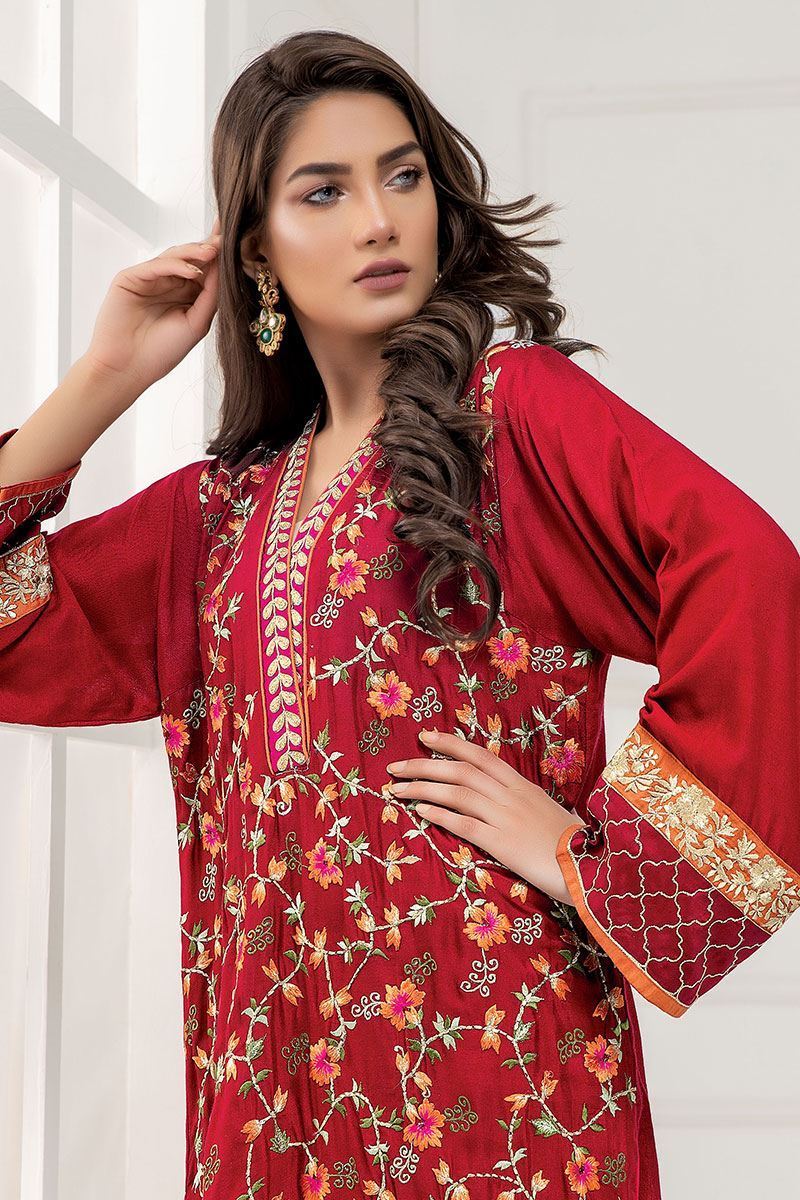 Pakistani Red Embroidered Cotton Net Salwar Kameez (3-Piece) - Image 4