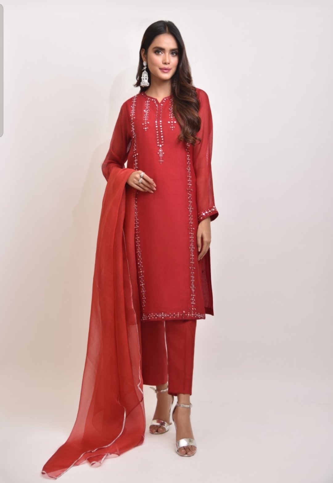 Pakistani Crimson Sheesha Work Cotton Net Salwar Kameez (3-Piece) - Image 1