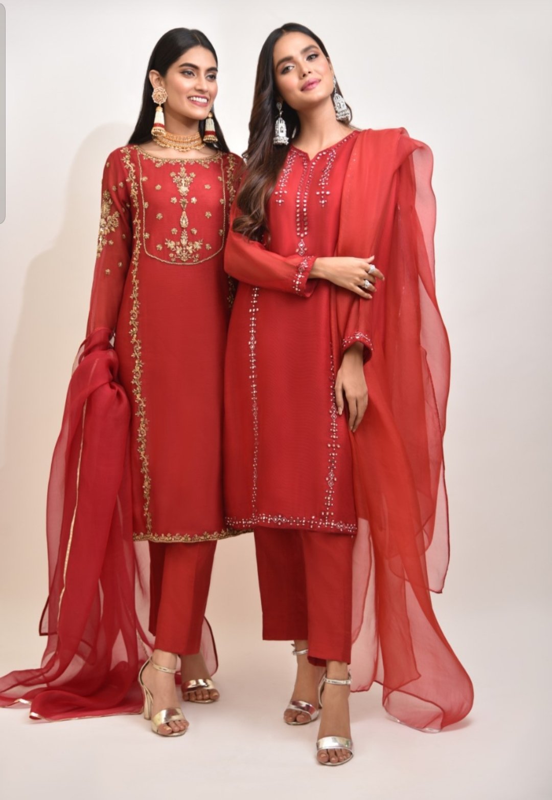 Pakistani Crimson Sheesha Work Cotton Net Salwar Kameez (3-Piece) - Image 3