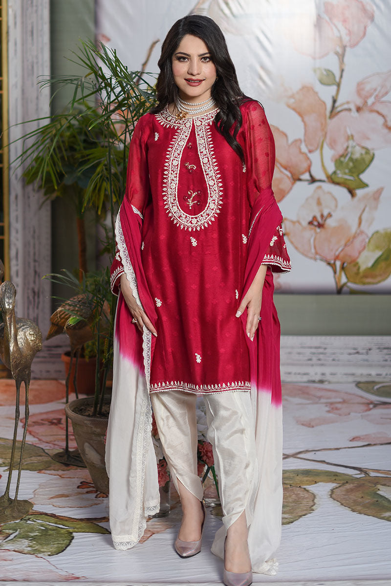 Pakistani Cherry Embroidered Cotton Net Kurta Set (2-Piece) - Image 1