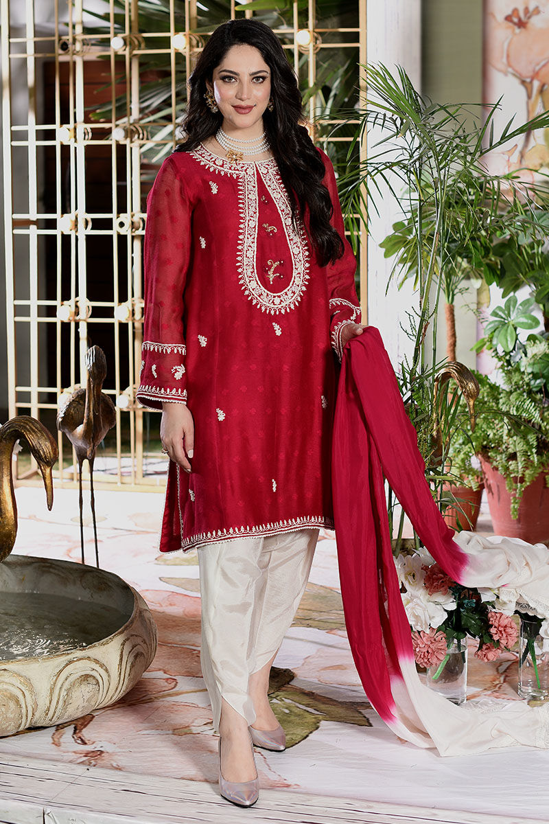 Pakistani Cherry Embroidered Cotton Net Kurta Set (2-Piece) - Image 3