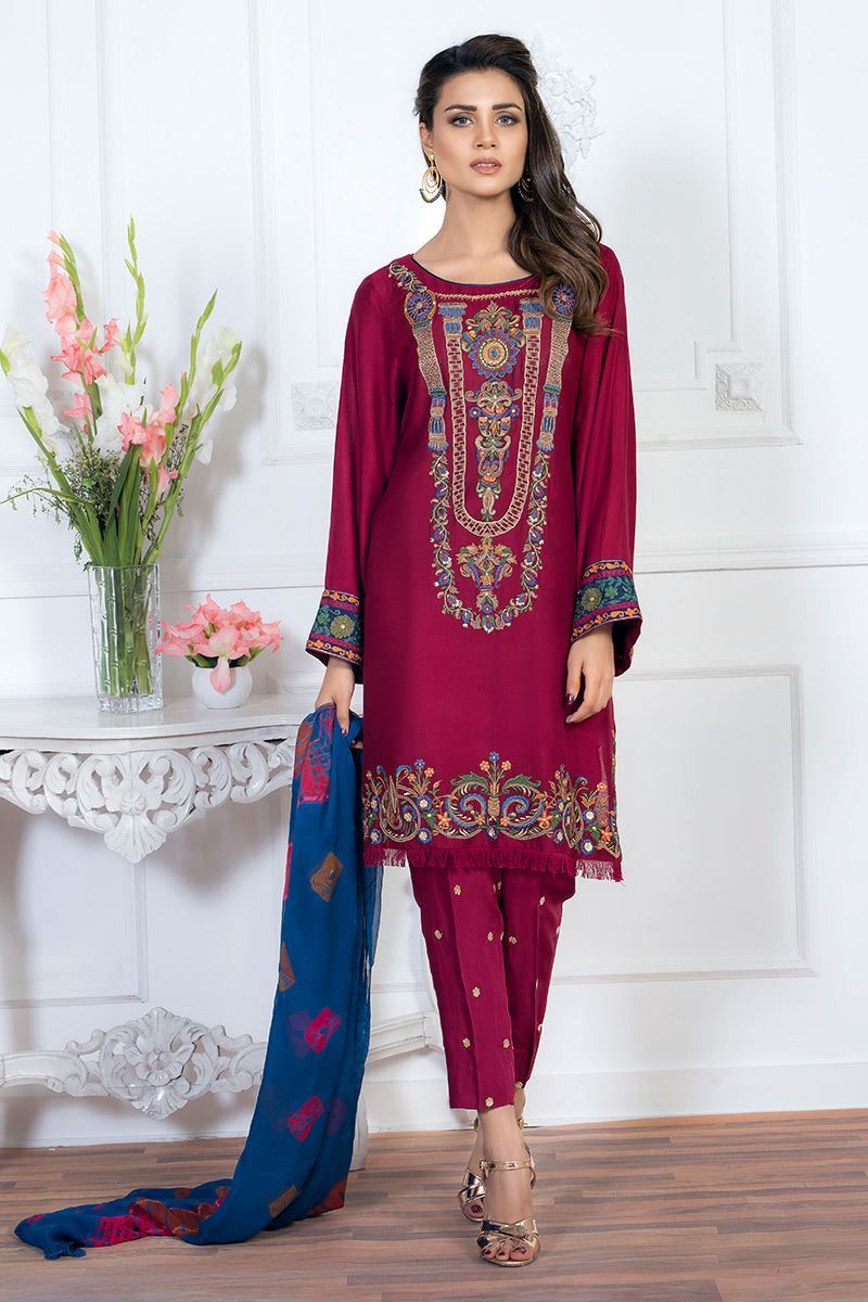 Red Embroidered Cotton Net Salwar Kameez (3-Piece) - Image 1