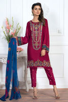 Red Embroidered Cotton Net Salwar Kameez (3-Piece) - Image 3