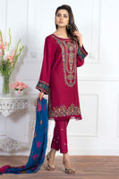 Red Embroidered Cotton Net Salwar Kameez (3-Piece) - Image 4