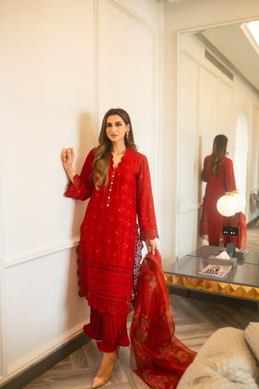 Pakistani Red Embroidered Cotton Net Salwar Kameez (3-Piece) - Image 3
