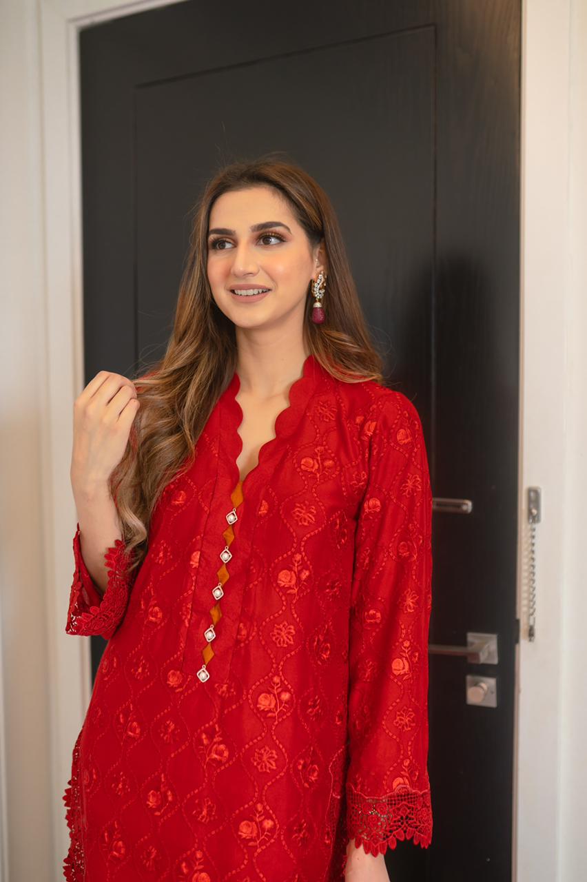 Pakistani Red Embroidered Cotton Net Salwar Kameez (3-Piece) - Image 4