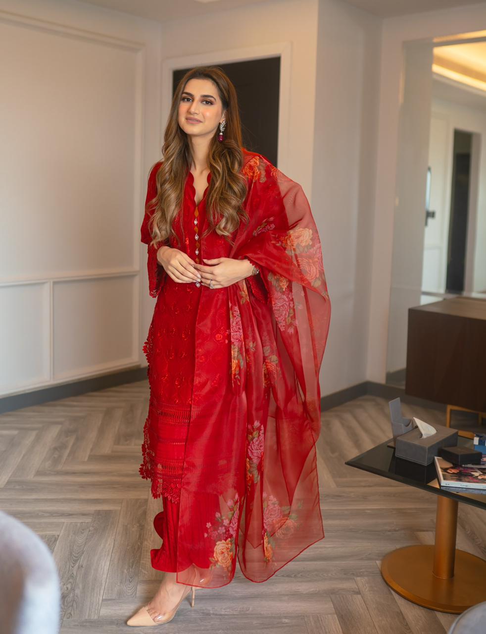 Pakistani Red Embroidered Cotton Net Salwar Kameez (3-Piece) - Image 5