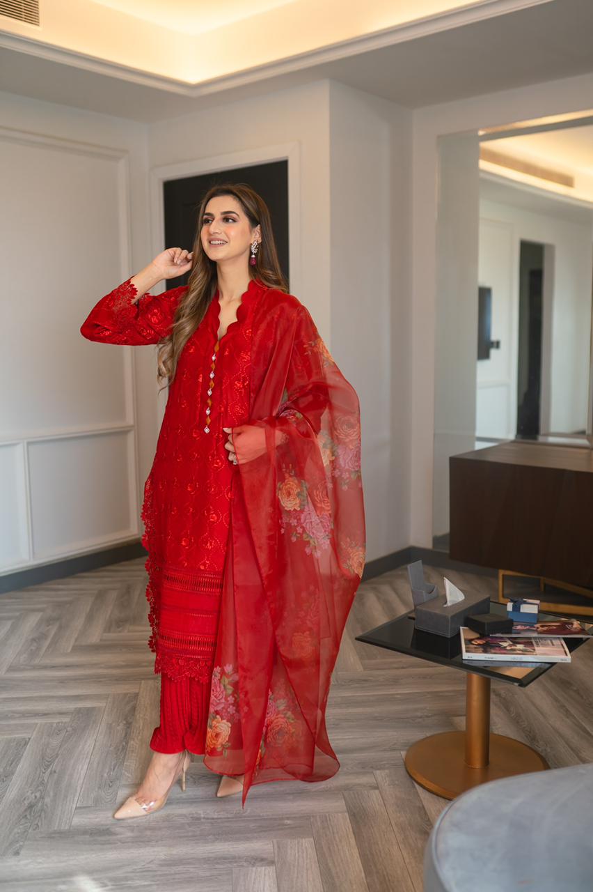 Pakistani Red Embroidered Cotton Net Salwar Kameez (3-Piece) - Image 6