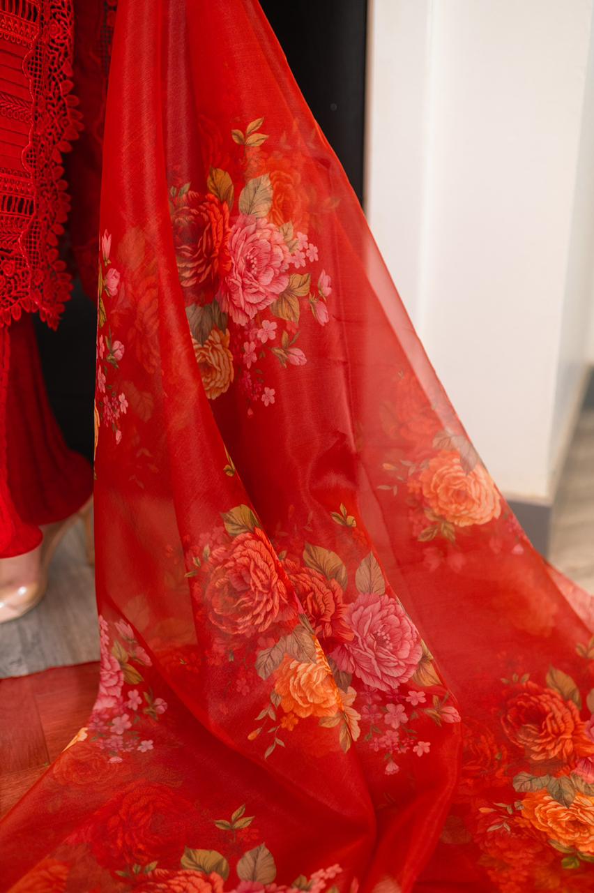 Pakistani Red Embroidered Cotton Net Salwar Kameez (3-Piece) - Image 7