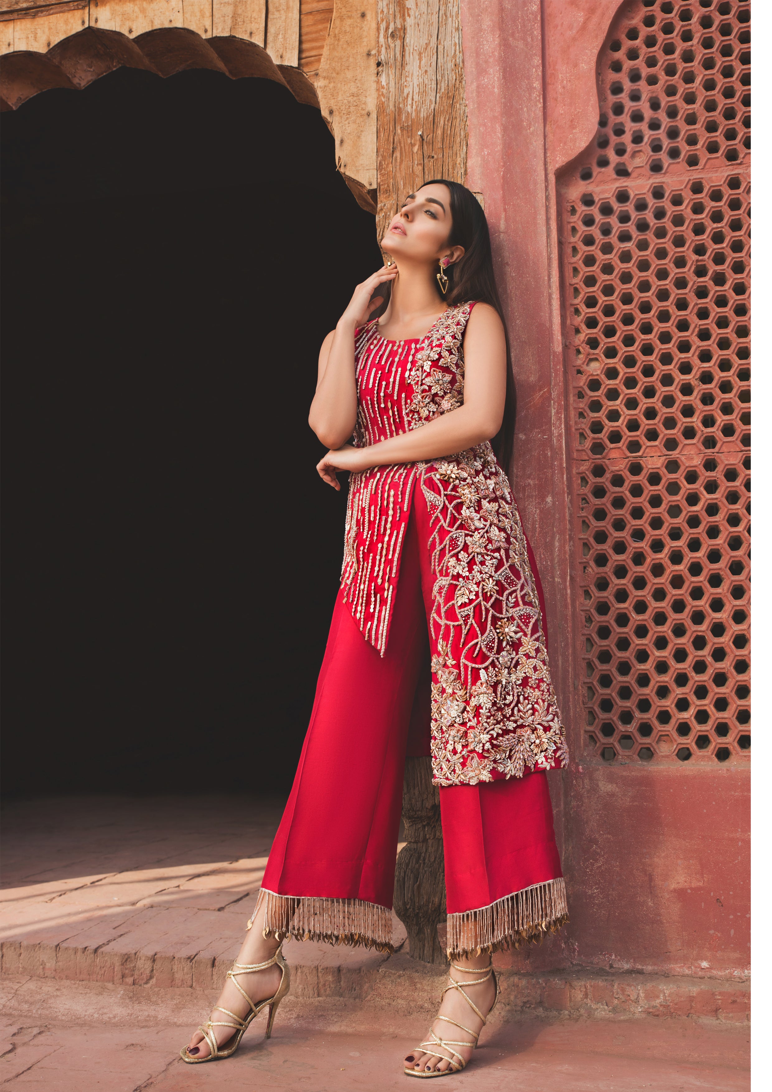 Red Embroidered Crepe Kameez Set (2-Piece) - Image 2